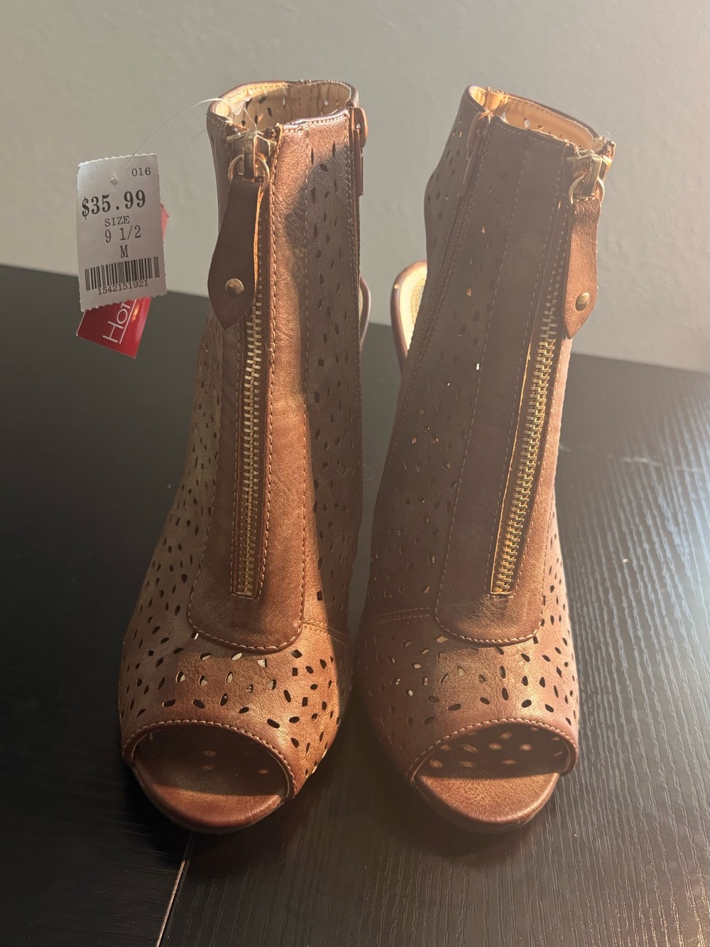 Hot Tomato Brown Peep-Toe Perforated Zip Ankle Heels